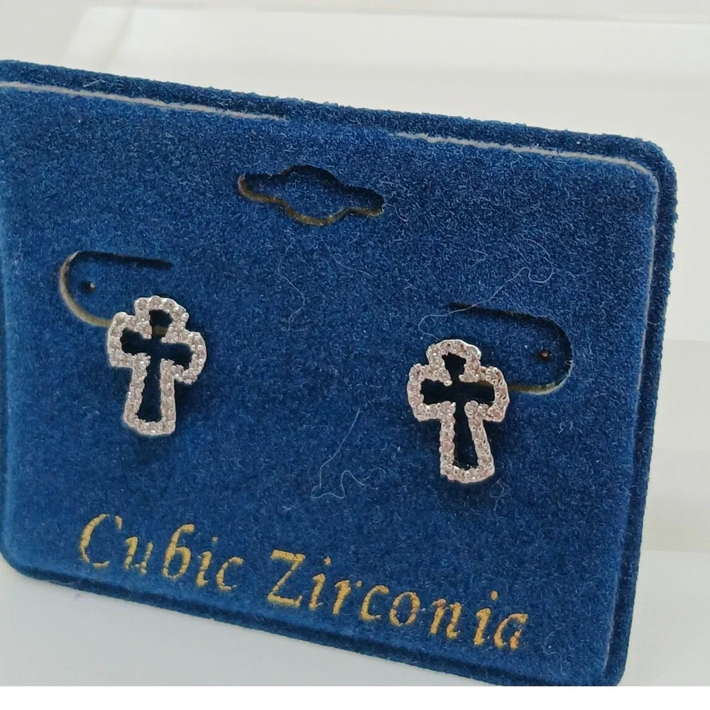 Micro Pave Vintage 1990s Cubic Zirconia Cross Stud Earrings Silver Tone Rare New